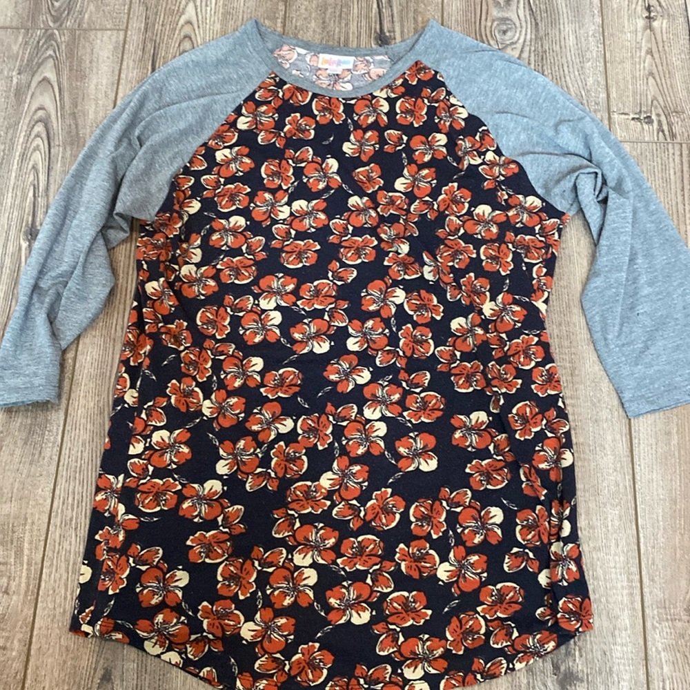 Lularoe Medium Randy Gray 3/4 Sleeve Navy Dark Orange Red Flower Pattern